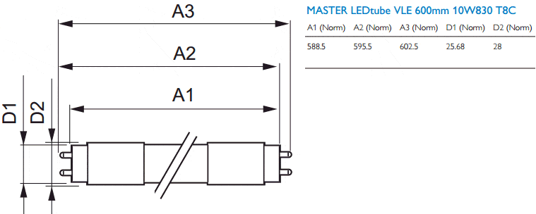Lampmaat Philips Master Ledtube VLE 600mm 10W 830 G13 Lampmaat Philips Master Ledtube VLE 600mm 10W 830 G13