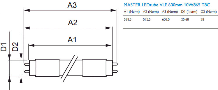Lampmaat Philips Master Ledtube VLE 600mm 10W 865 G13 Lampmaat Philips Master Ledtube VLE 600mm 10W 865 G13